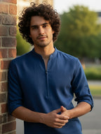TerraDesi Sand Beige Cotton Kurta for Men | Zipper Closure Mandarin Collar Kurta