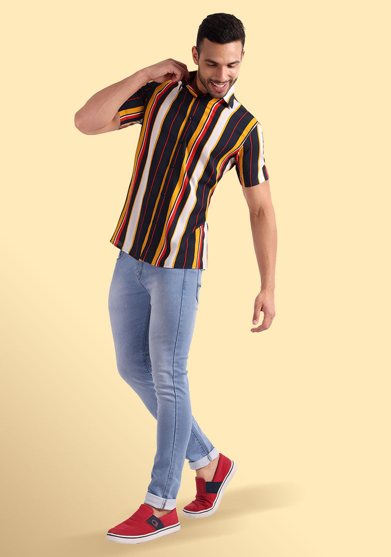 TerraDesi Retro Horizon Multicolour Striped Viscose Shirt