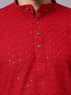 TerraDesi Regal Ruby Chikankari Sequined Triangle Embroidered Kurta Pajama Set