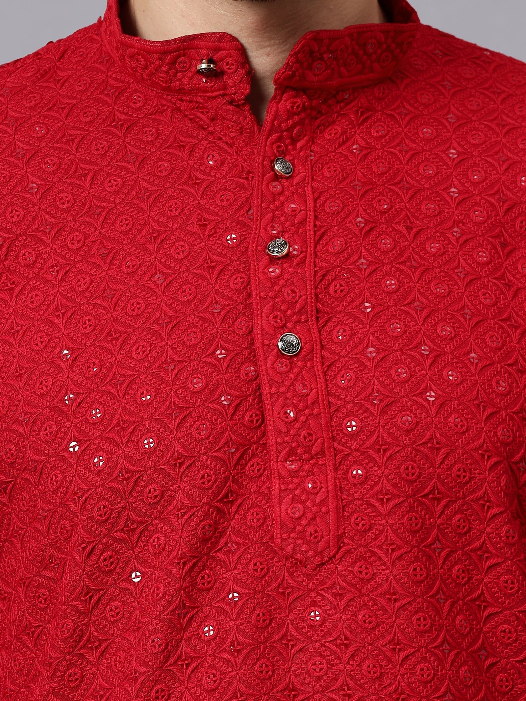 TerraDesi Regal Ruby Chikankari Sequined Triangle Embroidered Kurta Pajama Set