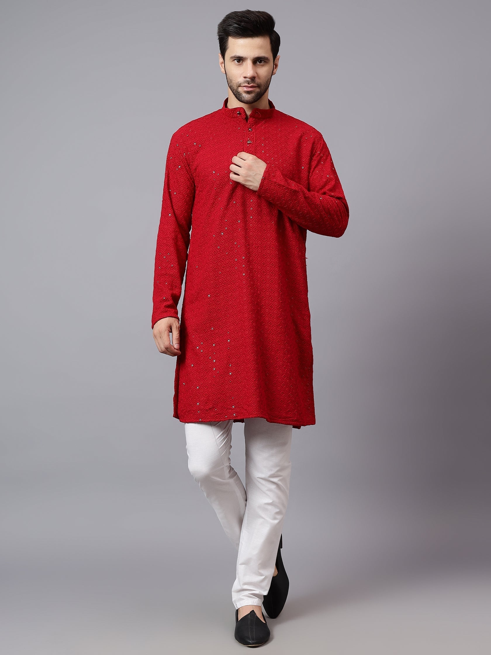 TerraDesi Regal Ruby Chikankari Sequined Triangle Embroidered Kurta Pajama Set Main image