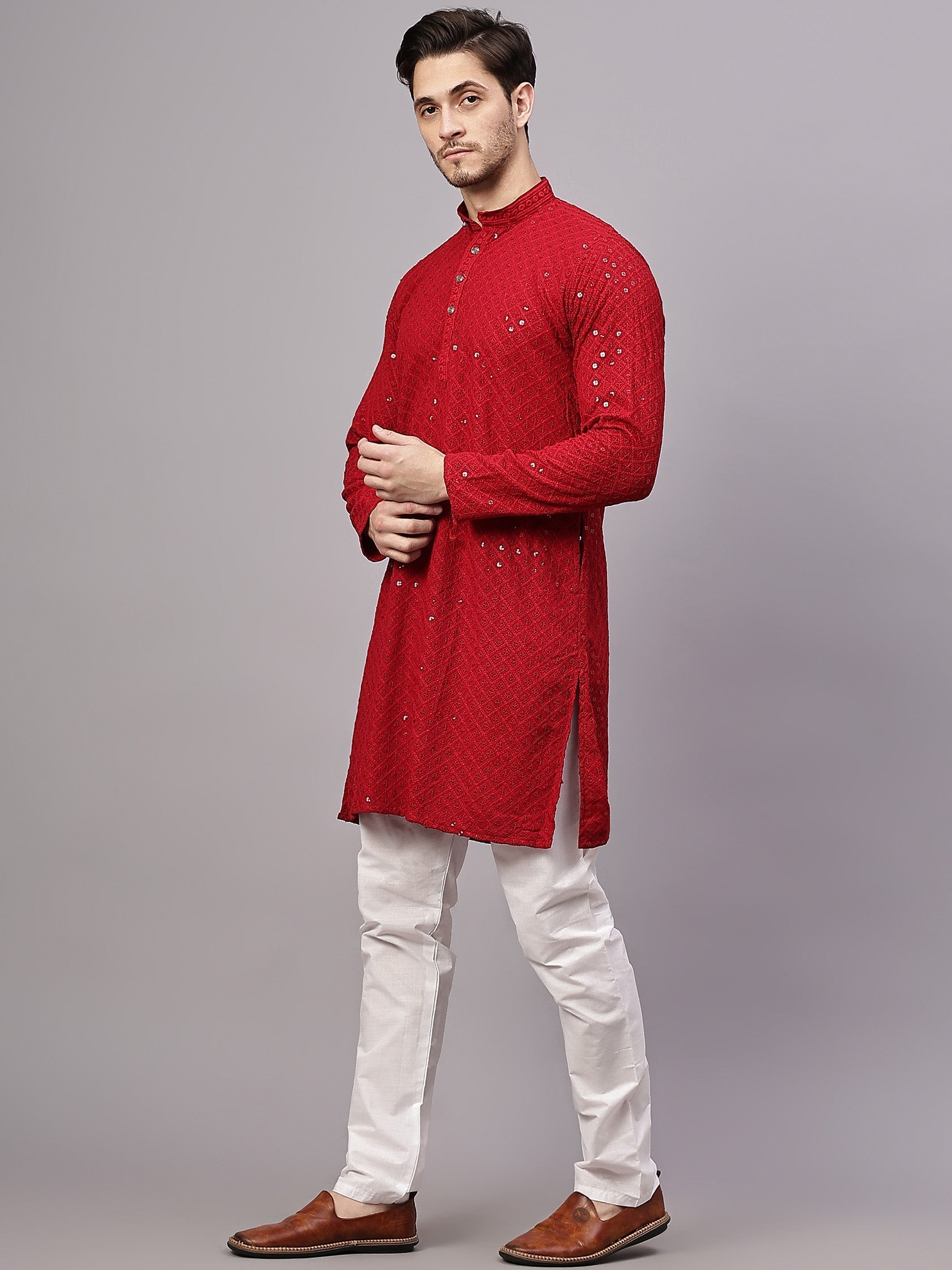 TerraDesi Golden Radiance Chikankari Sequined Kurta Pajama Set