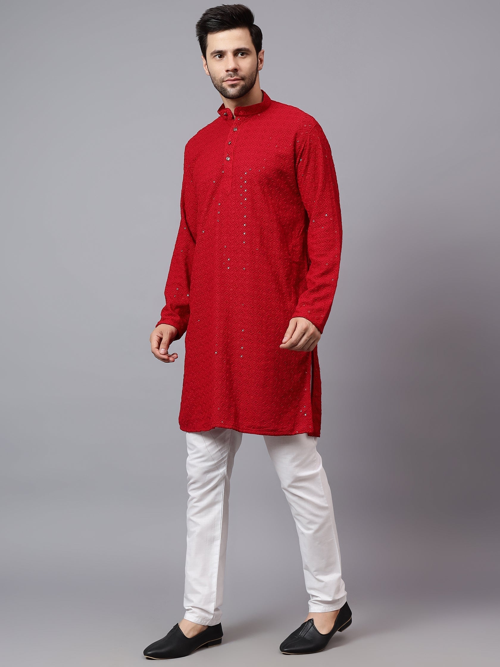 TerraDesi Regal Ruby Chikankari Sequined Triangle Embroidered Kurta Pajama Set