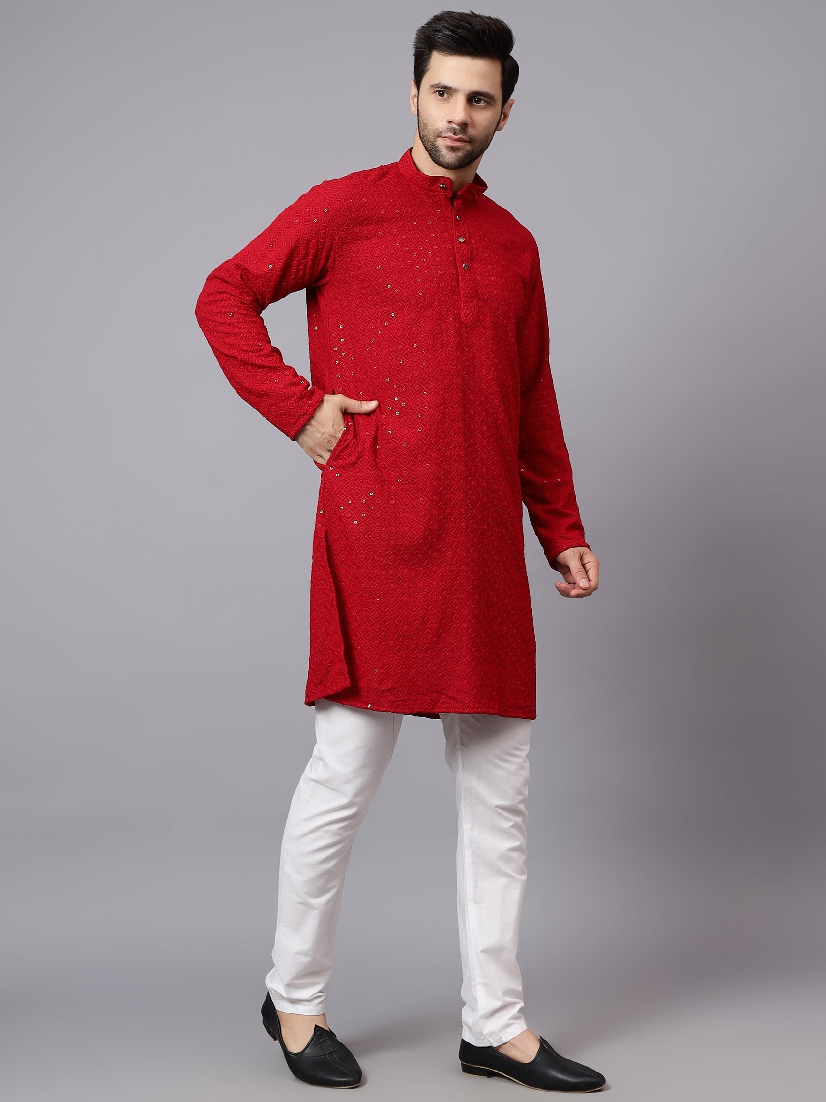 TerraDesi Regal Ruby Chikankari Sequined Triangle Embroidered Kurta Pajama Set