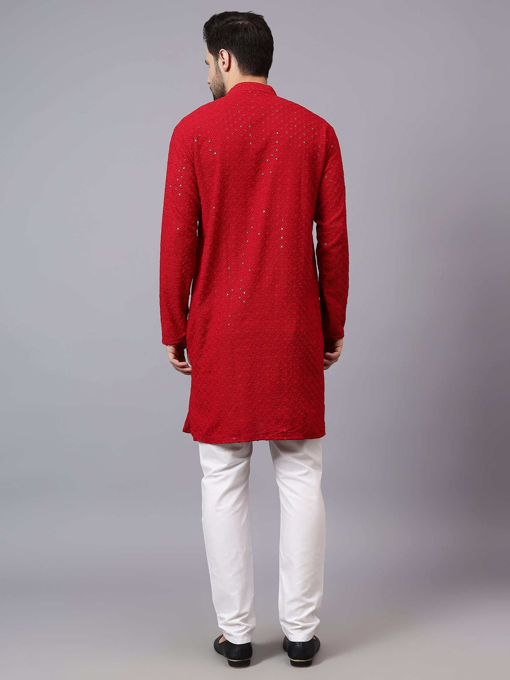 TerraDesi Regal Ruby Chikankari Sequined Triangle Embroidered Kurta Pajama Set