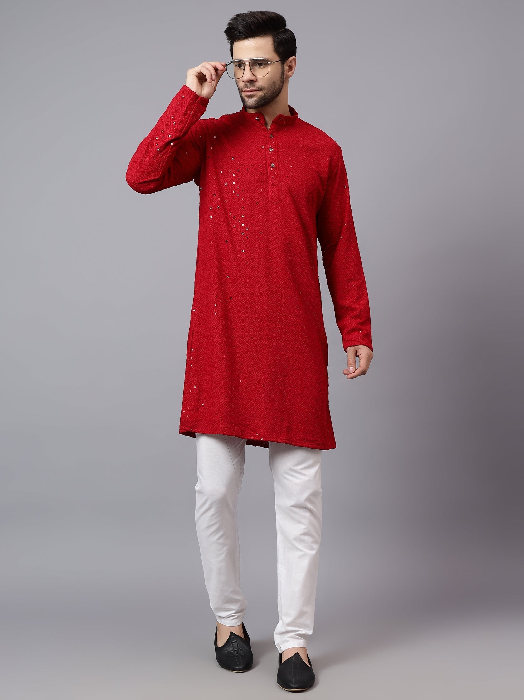 TerraDesi Regal Ruby Chikankari Sequined Triangle Embroidered Kurta Pajama Set