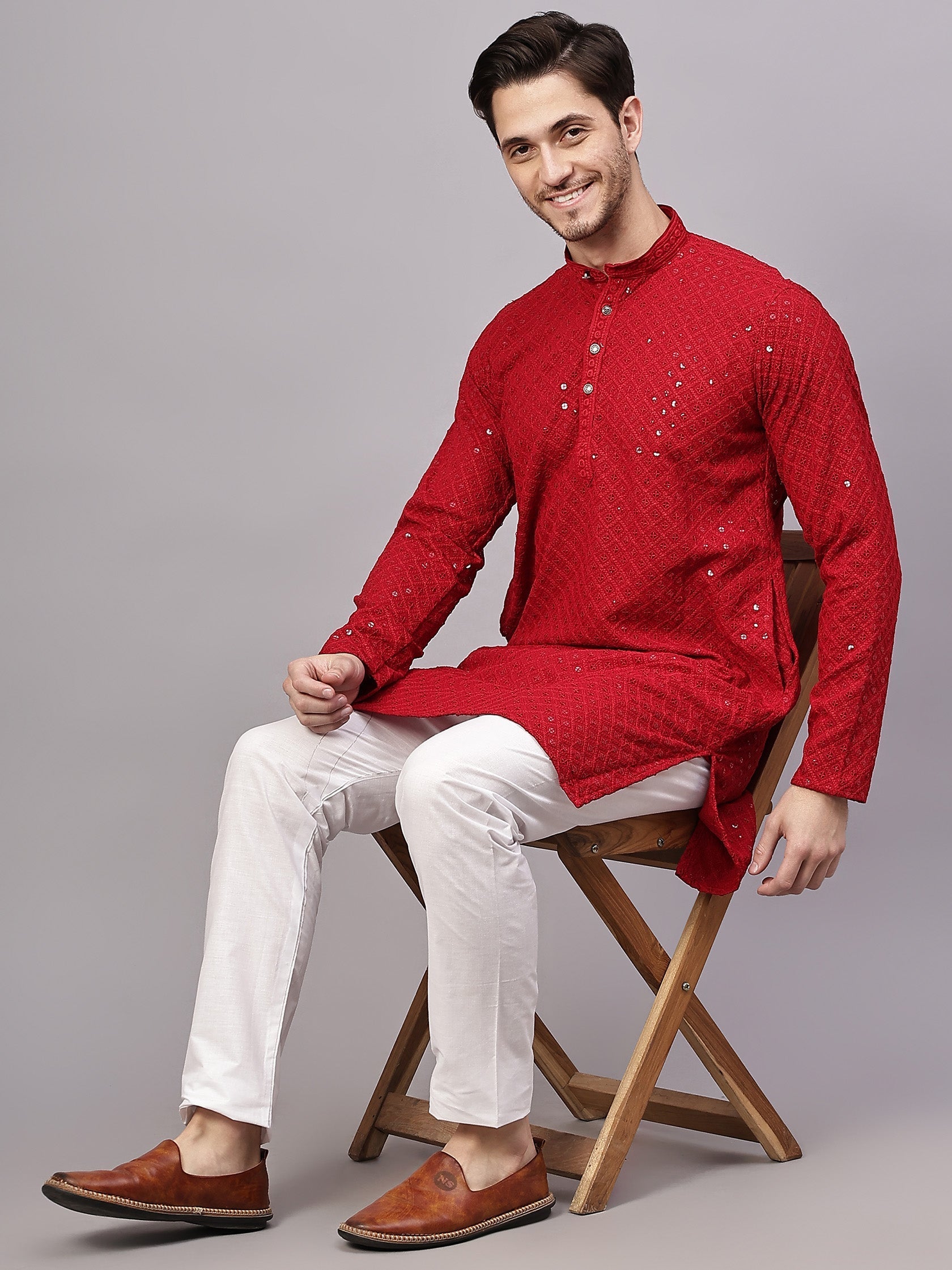 TerraDesi Golden Radiance Chikankari Sequined Kurta Pajama Set
