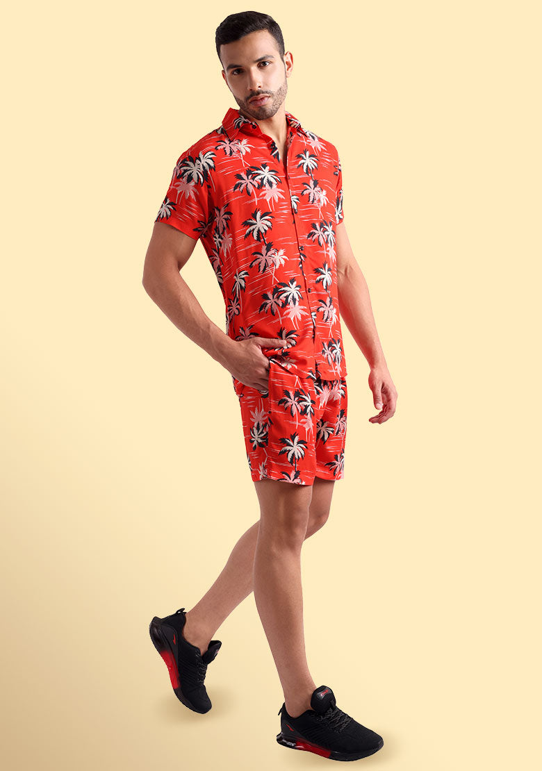 TerraDesi Crimson Tropic Palm Viscose Co-Ord Set