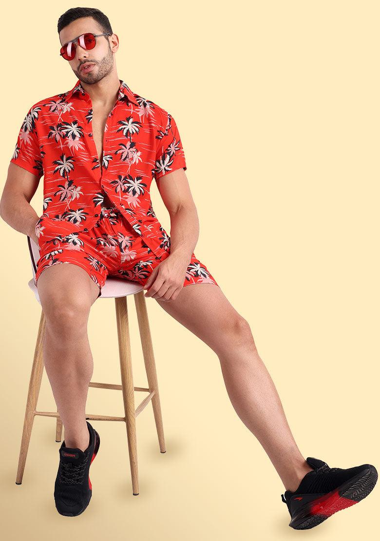 TerraDesi Crimson Tropic Palm Viscose Co-Ord Set