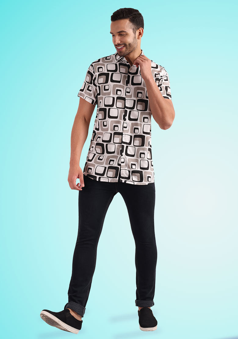 TerraDesi Retro Grid Printed Shirt – Classic Monochrome Casual Wear