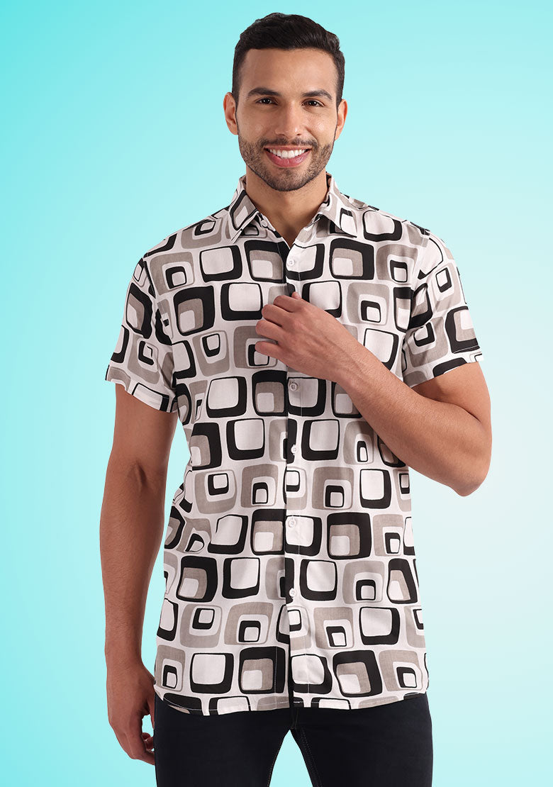 TerraDesi Retro Grid Printed Shirt – Classic Monochrome Casual Wear