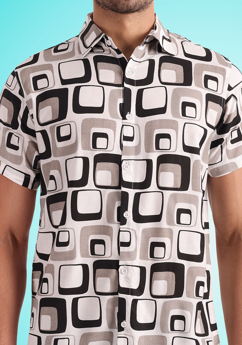 TerraDesi Retro Grid Printed Shirt – Classic Monochrome Casual Wear