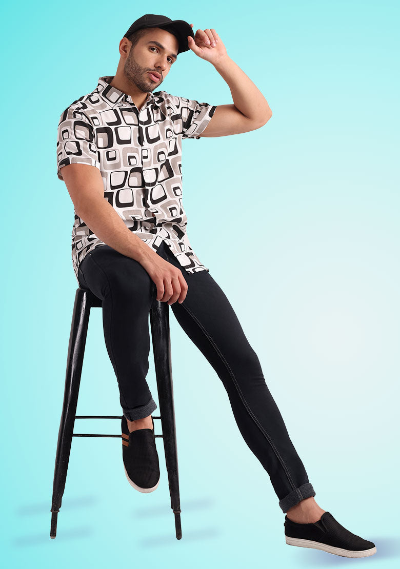 TerraDesi Retro Grid Printed Shirt – Classic Monochrome Casual Wear