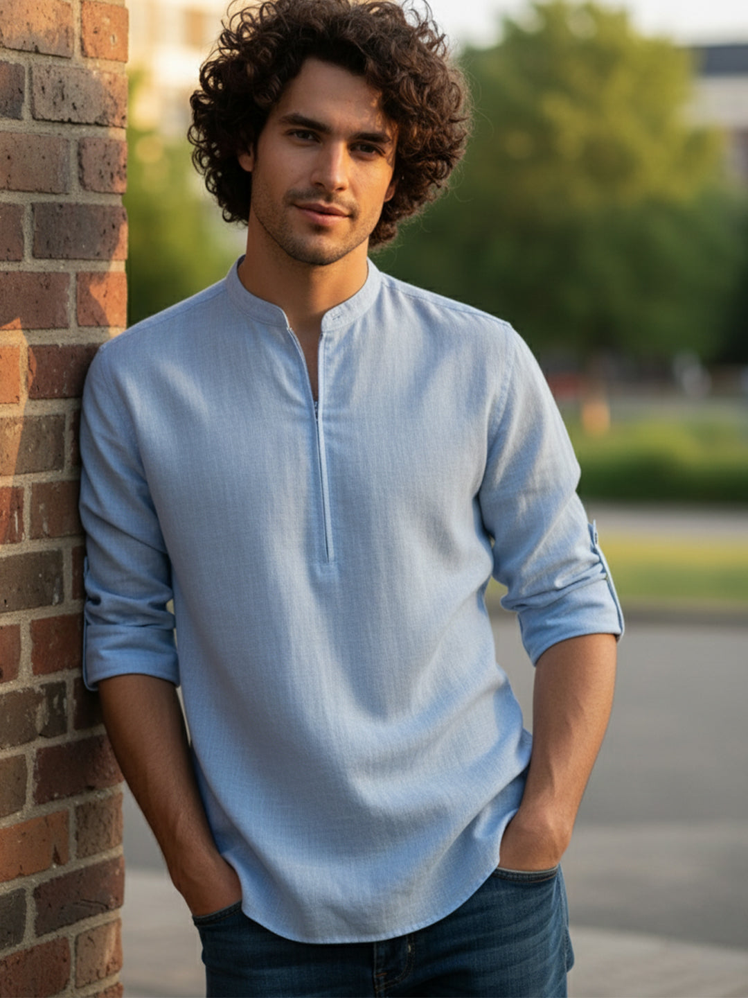 TerraDesi Sand Beige Cotton Kurta for Men | Zipper Closure Mandarin Collar Kurta