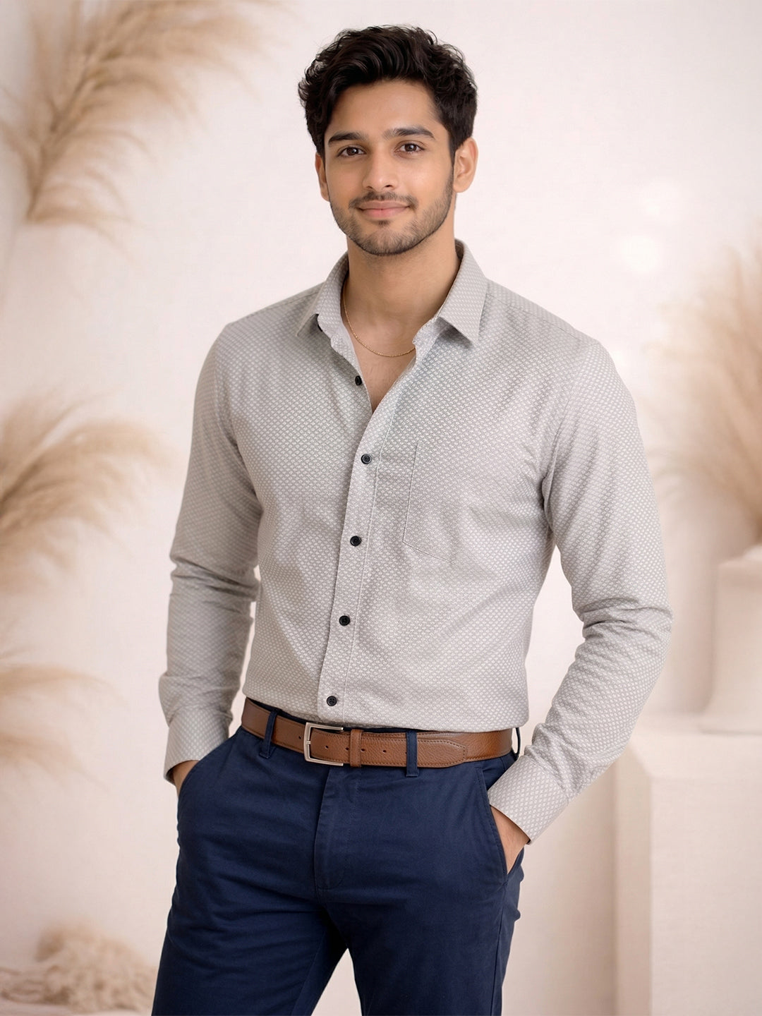 TerraDesi Ash Grey Micro-Texture Cotton Shirt – Refined Everyday Classic