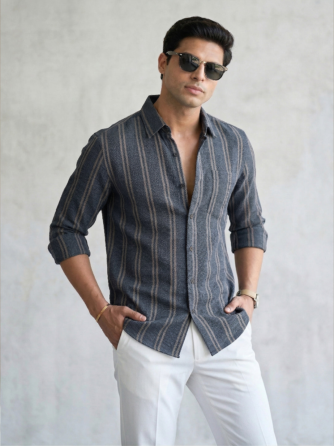 TerraDesi Urban Slate Striped Cotton Shirt for Men