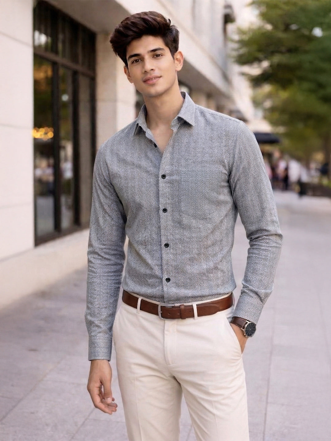 TerraDesi Ashwood Herringbone Cotton Shirt – Refined Gray Regular Fit Secondary image