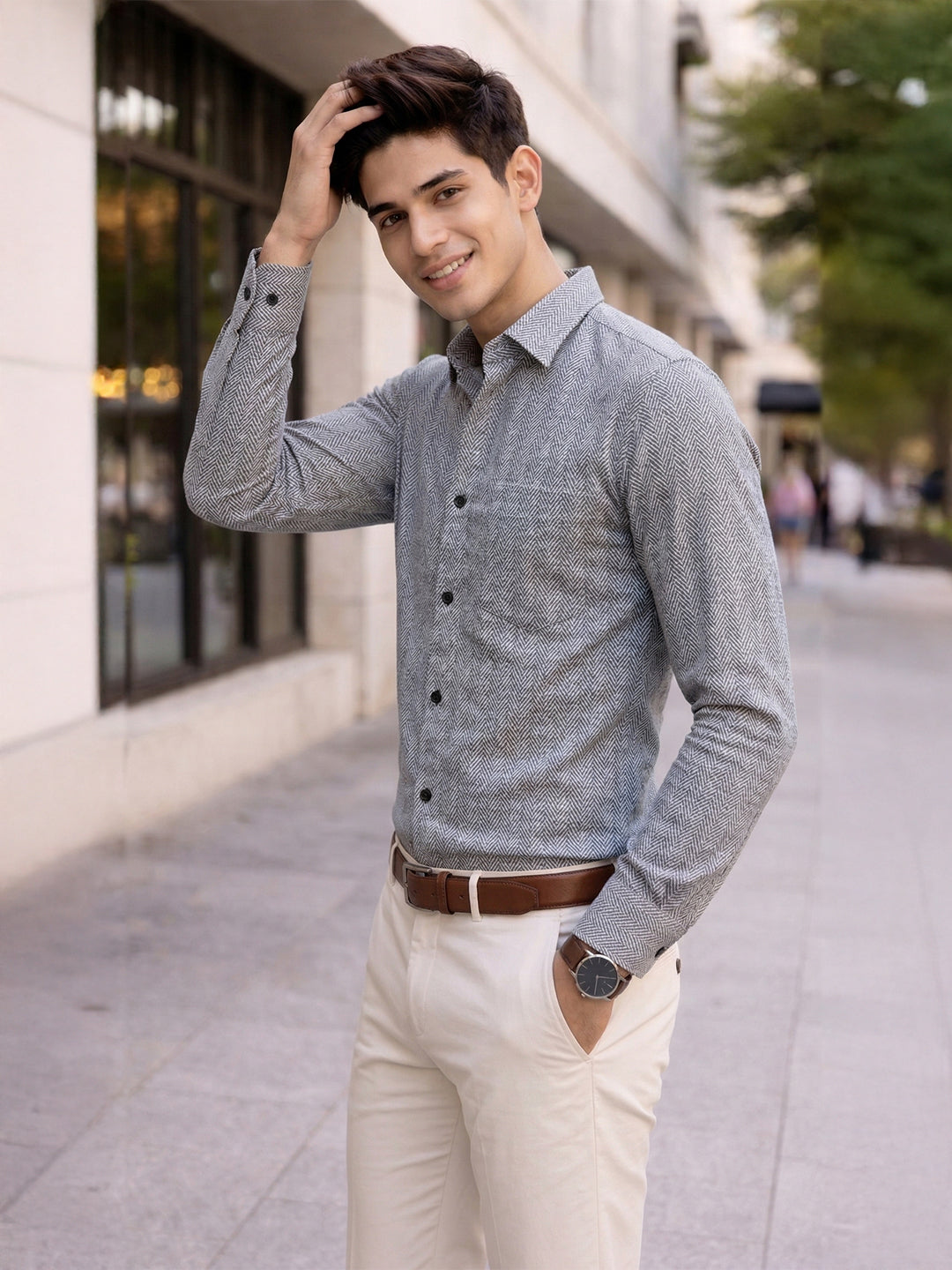 TerraDesi Ashwood Herringbone Cotton Shirt – Refined Gray Regular Fit