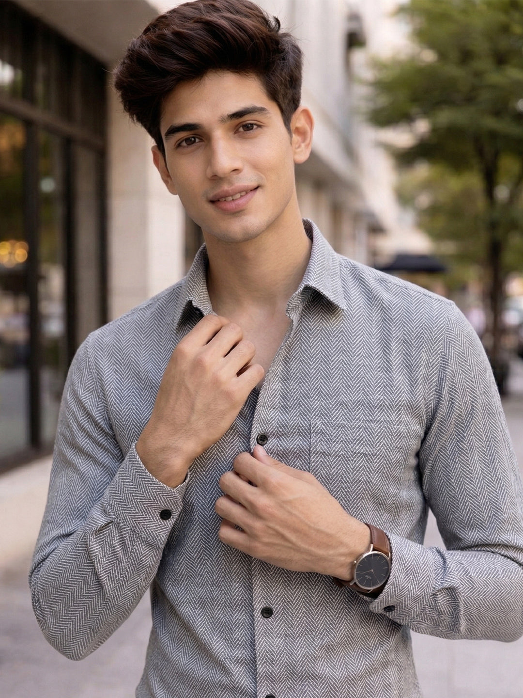 TerraDesi Ashwood Herringbone Cotton Shirt – Refined Gray Regular Fit