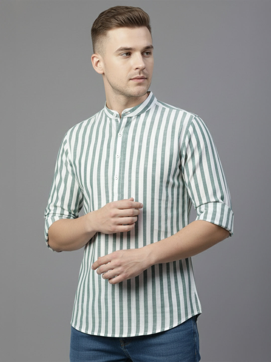 TerraDesi Sage Green Striped Cotton Kurta for Men | Mandarin Collar Casual Ethnic Kurta Secondary image