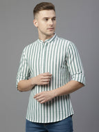 TerraDesi Sage Green Striped Cotton Kurta for Men | Mandarin Collar Casual Ethnic Kurta