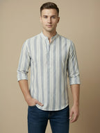 TerraDesi White & Teal Striped Cotton Kurta for Men | Mandarin Collar Modern Ethnic Kurta