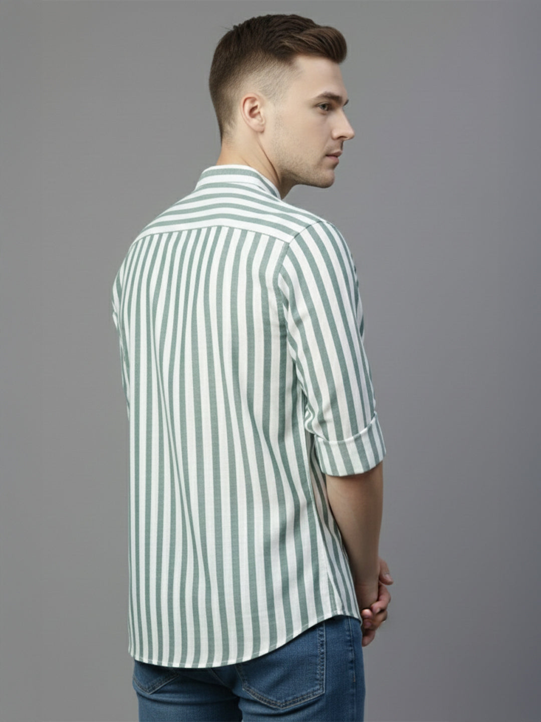 TerraDesi Sage Green Striped Cotton Kurta for Men | Mandarin Collar Casual Ethnic Kurta