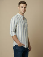 TerraDesi White & Teal Striped Cotton Kurta for Men | Mandarin Collar Modern Ethnic Kurta