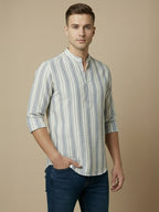 TerraDesi White & Teal Striped Cotton Kurta for Men | Mandarin Collar Modern Ethnic Kurta