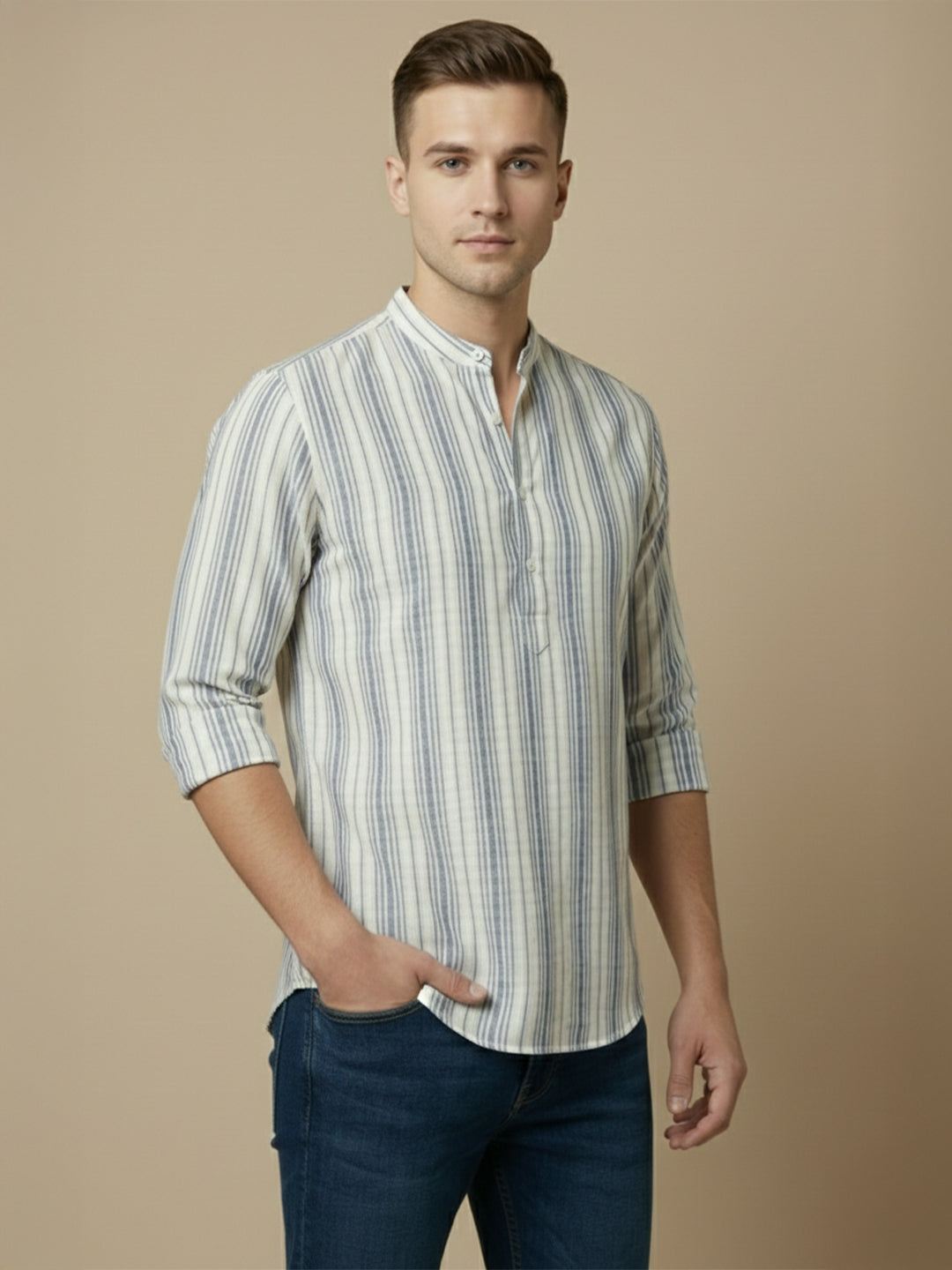 TerraDesi White & Teal Striped Cotton Kurta for Men | Mandarin Collar Modern Ethnic Kurta