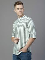 TerraDesi Sage Green Striped Cotton Kurta for Men | Mandarin Collar Casual Ethnic Kurta