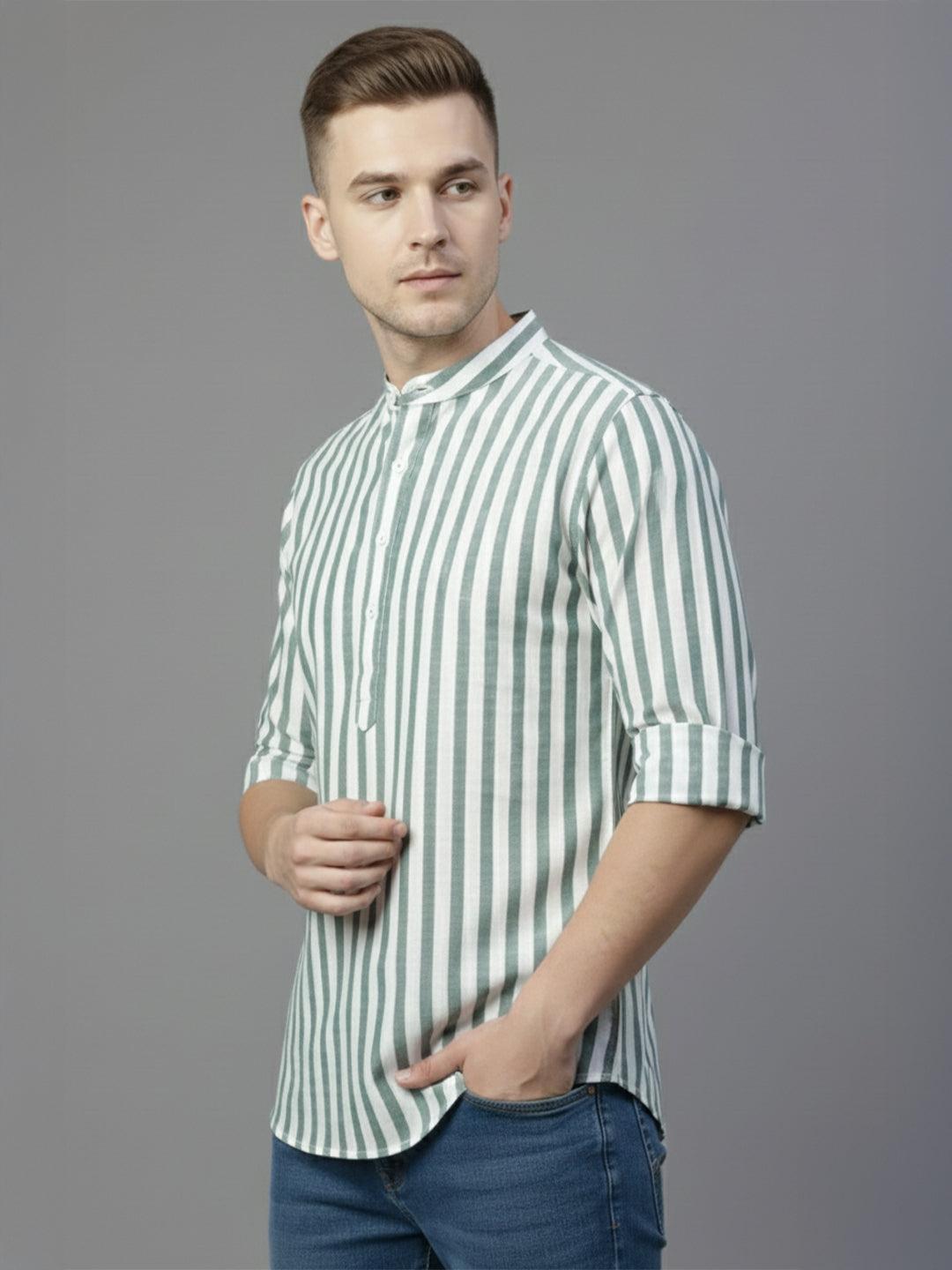 TerraDesi Sage Green Striped Cotton Kurta for Men | Mandarin Collar Casual Ethnic Kurta