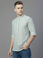 TerraDesi White & Teal Striped Cotton Kurta for Men | Mandarin Collar Modern Ethnic Kurta