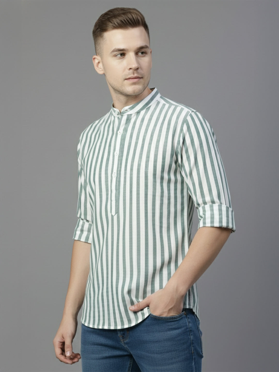TerraDesi White & Teal Striped Cotton Kurta for Men | Mandarin Collar Modern Ethnic Kurta
