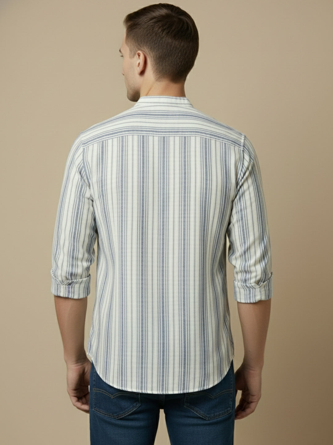 TerraDesi White & Teal Striped Cotton Kurta for Men | Mandarin Collar Modern Ethnic Kurta
