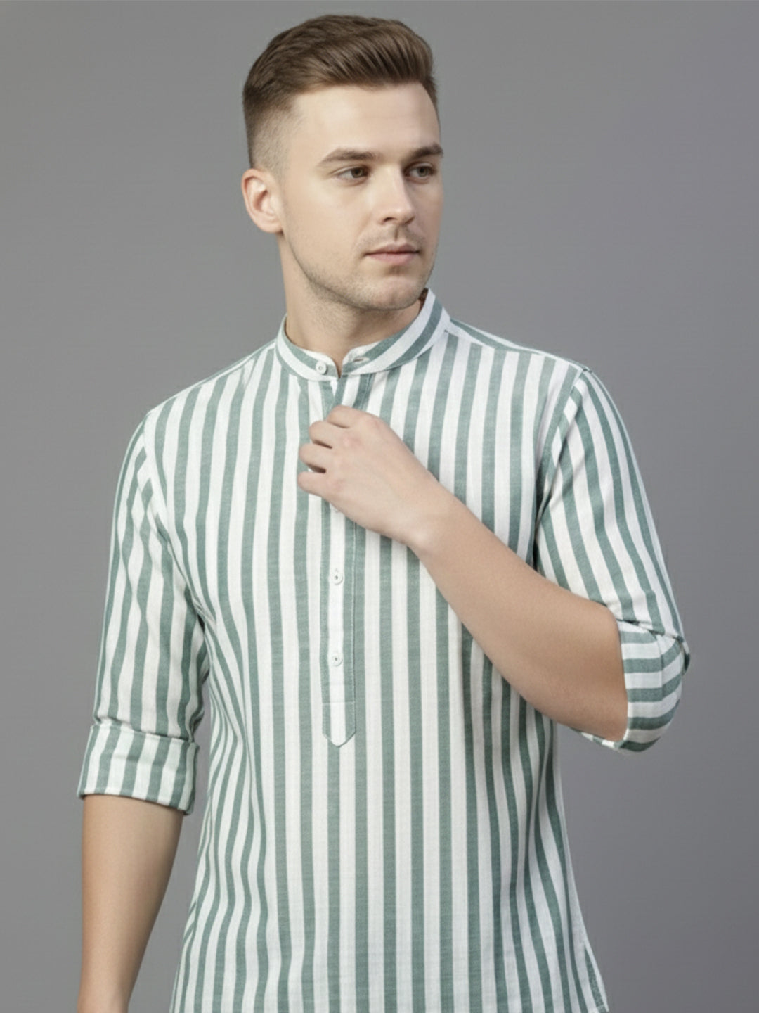 TerraDesi Sage Green Striped Cotton Kurta for Men | Mandarin Collar Casual Ethnic Kurta