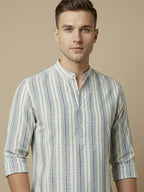 TerraDesi White & Teal Striped Cotton Kurta for Men | Mandarin Collar Modern Ethnic Kurta