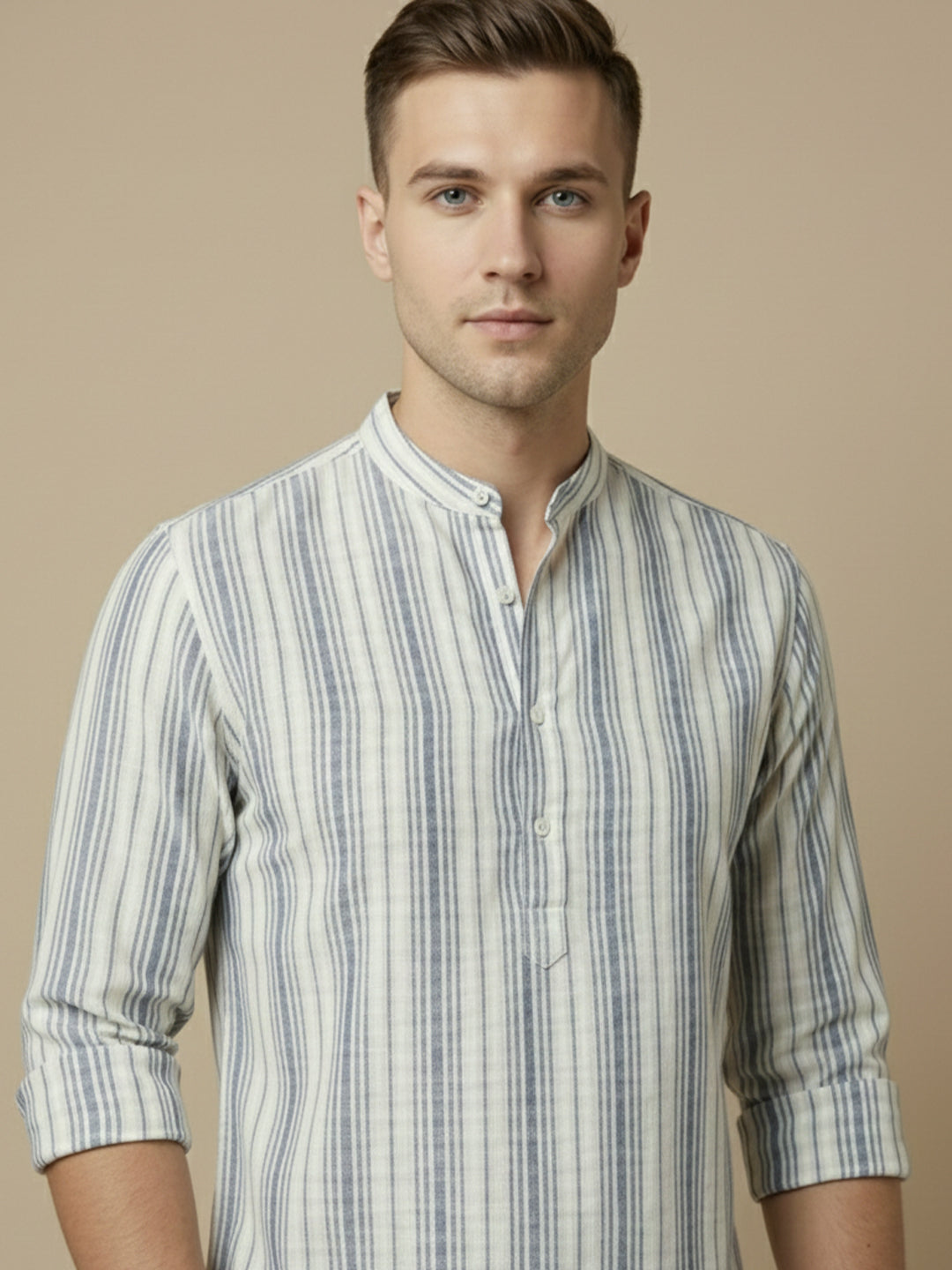 TerraDesi White & Teal Striped Cotton Kurta for Men | Mandarin Collar Modern Ethnic Kurta