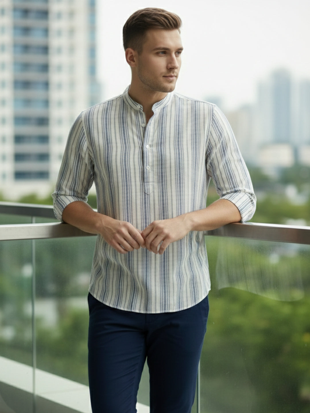 TerraDesi White & Blue Striped Cotton Kurta for Men | Mandarin Collar Modern Ethnic Kurta Main image