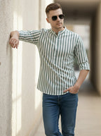 TerraDesi Sage Green Striped Cotton Kurta for Men | Mandarin Collar Casual Ethnic Kurta