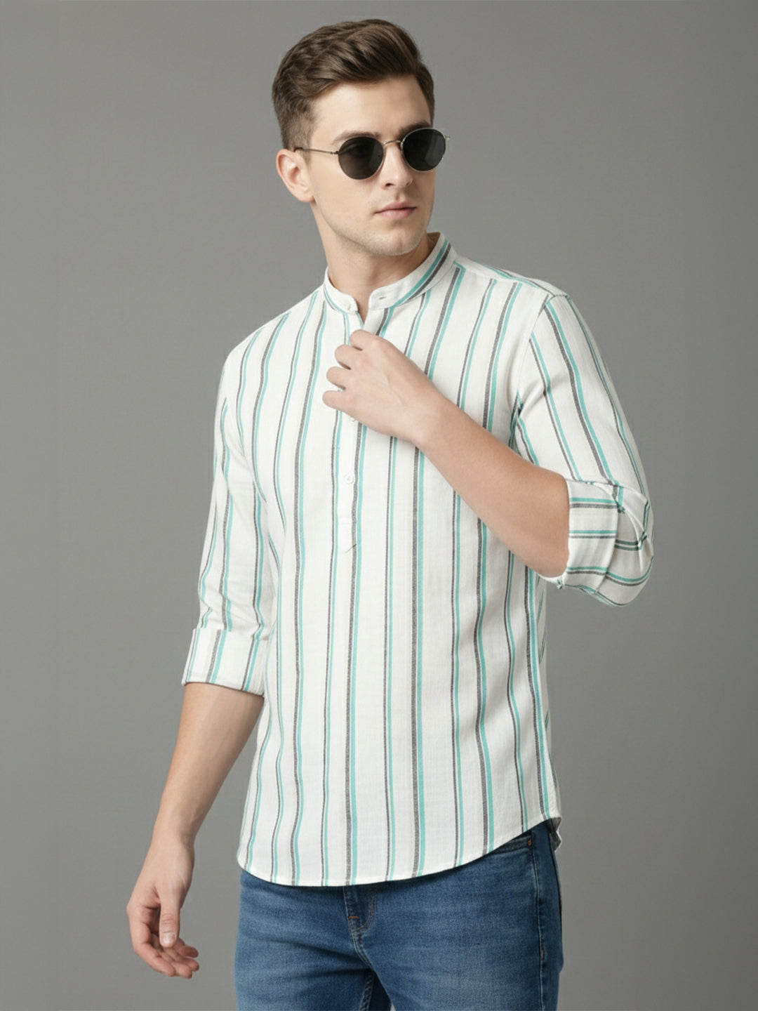 TerraDesi White & Teal Striped Cotton Kurta for Men | Mandarin Collar Modern Ethnic Kurta