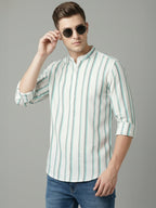 TerraDesi White & Teal Striped Cotton Kurta for Men | Mandarin Collar Modern Ethnic Kurta
