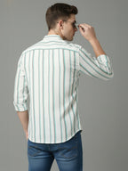 TerraDesi White & Teal Striped Cotton Kurta for Men | Mandarin Collar Modern Ethnic Kurta