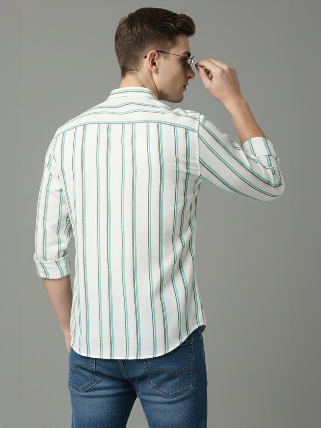 TerraDesi White & Teal Striped Cotton Kurta for Men | Mandarin Collar Modern Ethnic Kurta