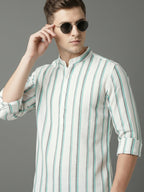 TerraDesi White & Teal Striped Cotton Kurta for Men | Mandarin Collar Modern Ethnic Kurta