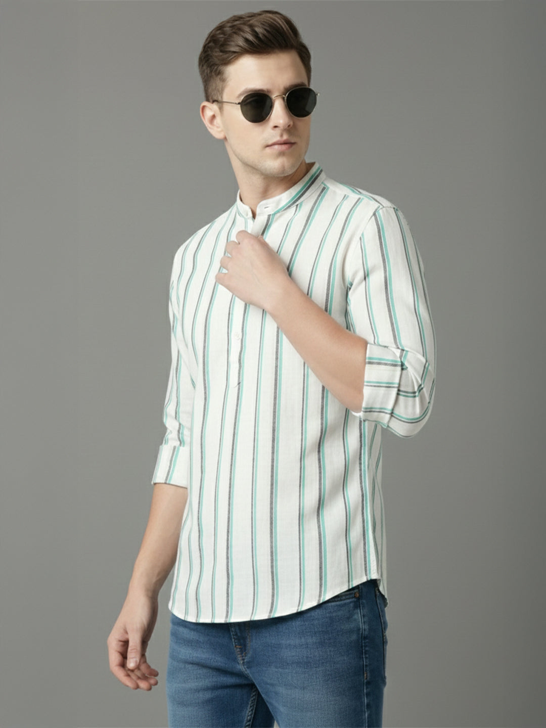 TerraDesi White & Teal Striped Cotton Kurta for Men | Mandarin Collar Modern Ethnic Kurta