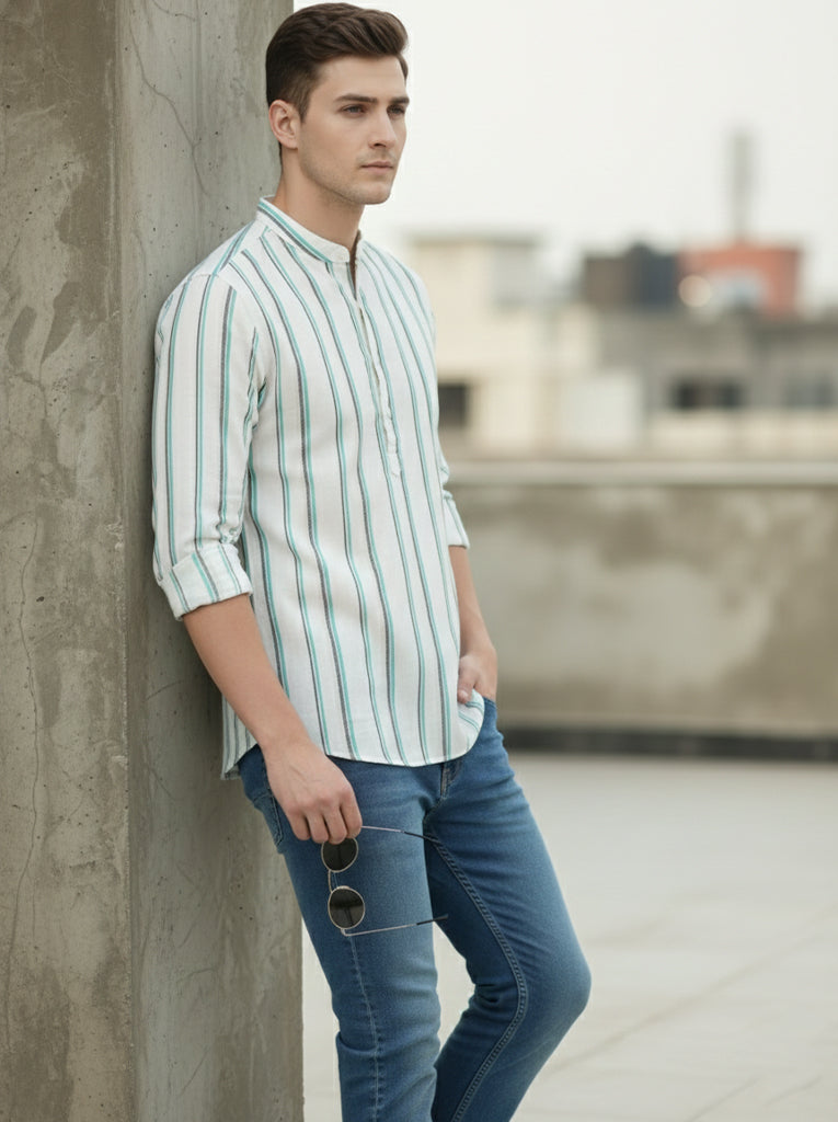 TerraDesi White & Teal Striped Cotton Kurta for Men | Mandarin Collar Modern Ethnic Kurta