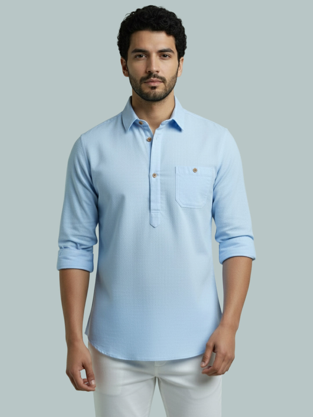 TerraDesi Men's Solid Cotton Short Kurta | Casual Full Sleeve Regular Fit (SE89)