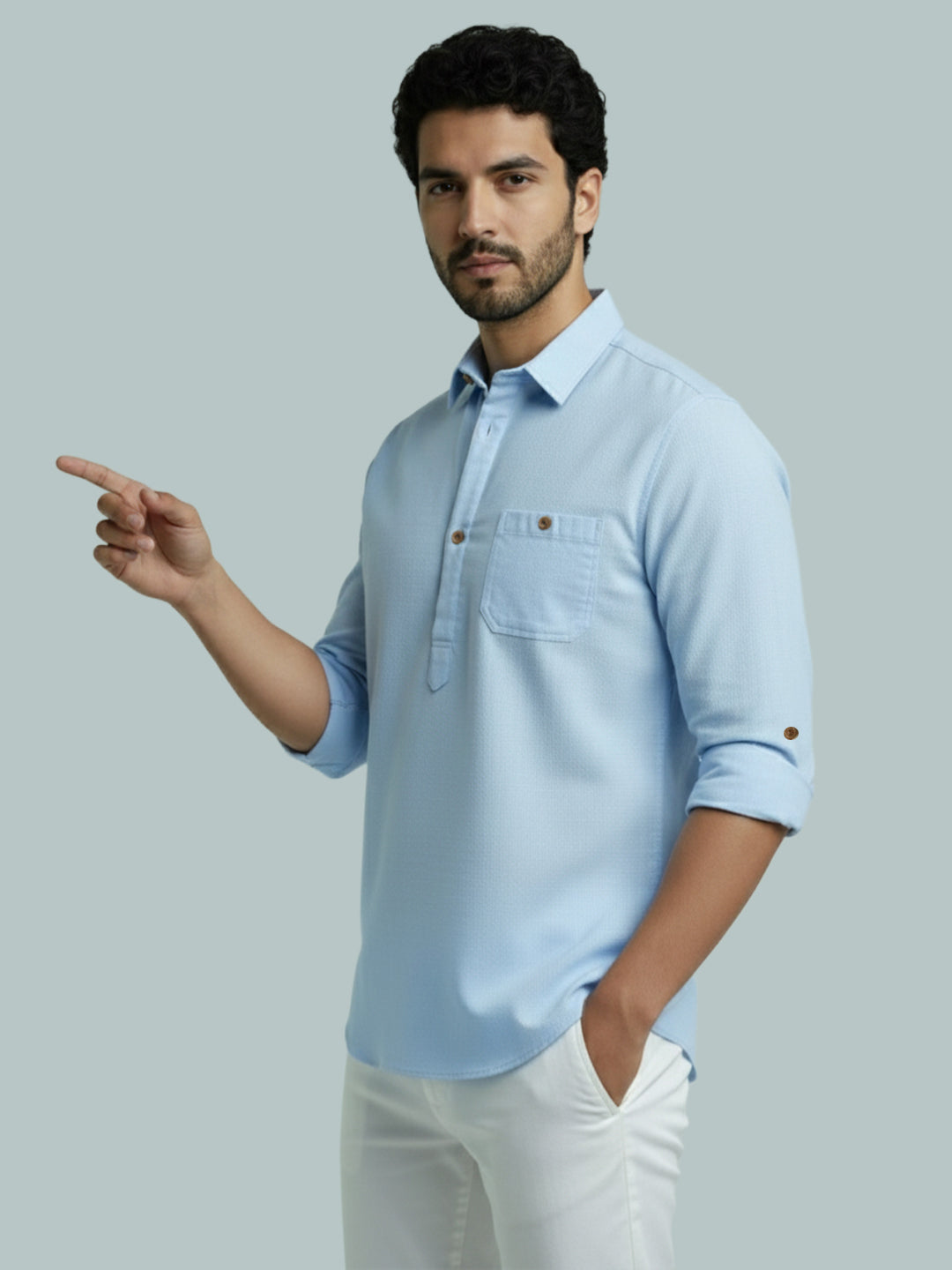 TerraDesi Men's Solid Cotton Short Kurta | Casual Full Sleeve Regular Fit (SE89)