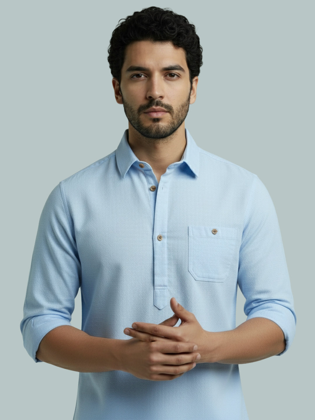 TerraDesi Men's Solid Cotton Short Kurta | Casual Full Sleeve Regular Fit (SE89)